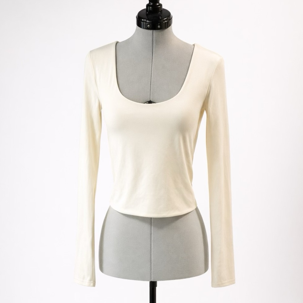 Open Edit NWT Nylon blend Deep Scoop long sleeve top, cream, XS